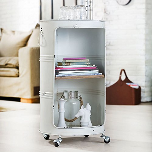 Regal Tonne – Beistelltisch auf Rollen – Industrial Loft Style – Metall Holz – Weiß – ca. Höhe 78 cm x Ø 43 cm - 3