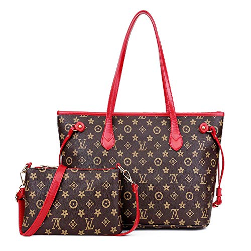 Preisvergleich Produktbild 3D-Druckbuchstaben Damenhandtaschen tragbare alte Blume PU-Handtaschen Mamabeutel große Kapazität Umhängetasche 2 Sätze Reisen, Einkaufen, Dating, Büro, Pendlerpaket (rot, 35 / 43 * 16 * 29 / 25cm)