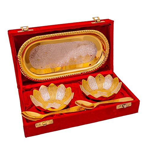 Jaipur Ace Gold and Silver Plated Floral Bowls and Spoon with Octagan Tray
