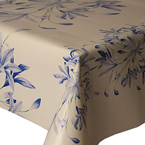 PVC Tablecloth Blue Floral Border 3 Metres (300cm x 140cm), Pretty Flower Petals, Green Off White Cream, Wipe Clean, Vinyl / Plastic Table Cloth