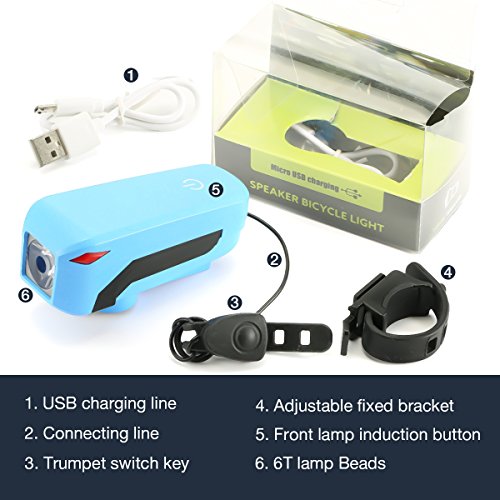 LED Fahrradbeleuchtung Set,SGODDE USB Wiederaufladbare Fahrradlicht LED Frontlicht und Rücklicht Für Radfahren,350lm , 3 Licht-Modi, Fahrradhorn(1 USB-Kabel ) Blau/Schwarz - 4