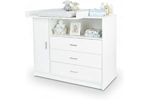 ecomi Wickelkommode Wickeltisch Baby Kommode aus Holz mit Wickelaufsatz, 3 Schubladen, 1 Tür, 100 cm Höhe in Weiß, Wickeltisch 113x100 cm Griffe verchromt