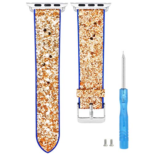 Preisvergleich Produktbild Weihnachts Pailletten Lederband mit kleinem Schraubendreher, luxuriöses Ersatzarmband, funkelndes Armband, geeignet für Party, Dating, Freizeit Für Apple Watch Serie 1 / 2 / 3 / 4 42 / 44mm (Gold)