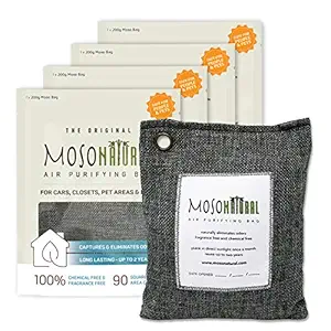 Moso Natural Air Purifying Bag. Odor Eliminator for Cars, Closets, Bathrooms and Pet Areas. Charcoal Color, 200-G, 4 Pack