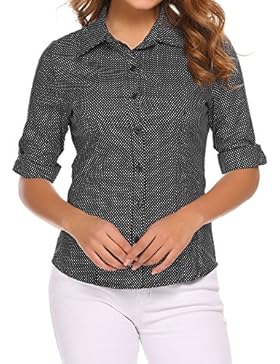 BeautyUU Damen 3/4 Ärmel Shirt Hemd Casual Bluse Einfarbig Oberteil Hemdbluse Damenbluse Shirtbluse Baumwolle