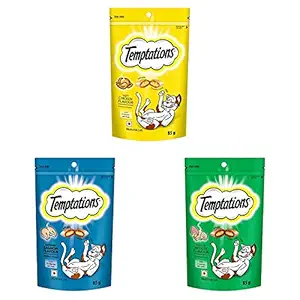 Temptations Cat Treat, Tasty Chicken Flavour - 85 g&Temptations Cat Treat, Seafood Medley Flavour - 85 g&Temptations Cat Treat, Savoury Salmon Flavour - 85 g
