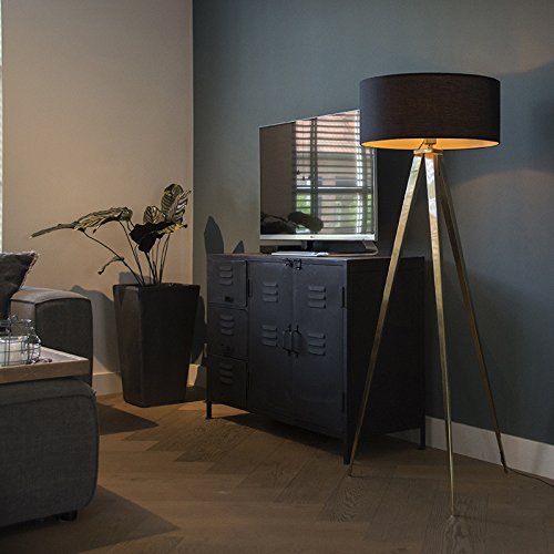 Preisvergleich Produktbild QAZQA Modern Stehleuchte / Stehlampe / Standleuchte / Lampe / Leuchte Tripe / Tripod / Dreifuß Messing mit schwarzem Lampenschirm / Innenbeleuchtung / Wohnzimmerlampe / Schlafzimmer Metall / Textil Län