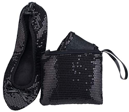 Rolly Flats - Bailarinas Plegables con Bolsa de Transporte para Mujer [RU 5-6 (Mediano), Lentejuelas Negros]