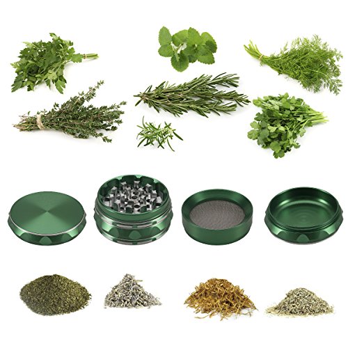 Witasm Pollen Grinder Crusher Kräuter Mühle für Tabak Kräuter Gewürze Herb Spice Kaffee. Ø63mm 4-teiliges Set mit Schaber, Grün, Zink-Legierung - 5