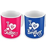 indibni I Love My Sister and I Love My Brother Printed Ceramic Mug Combo Set, Standard, Multicolour