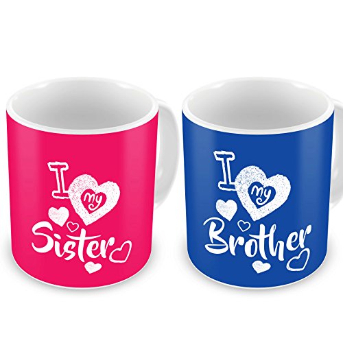 indibni I Love My Sister and I Love My Brother Printed Ceramic Mug Combo Set, Standard, Multicolour