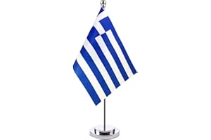 HOLLYLIFE Drapeau Grèce de Table avec Mât en Métal Petit Drapeaux Grec de Bureau Drapeaux de Bureau Grecque 21 x 14 cm et Support pour Mât Hauteur 30cm pour Bureau Maison Conférences Festival Célébration