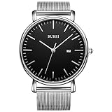 BUREI Herren Uhren Ultra Dünne Schwarze Minimalistische Quartz mit Datumsanzeige und Milanese Armband