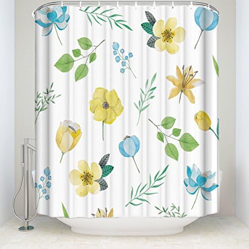 Waterproof Fabric Polyester Bathroom Shower Curtain with Hooks 60x72 - Watercolor Flowers Pattern Yellow And Blue