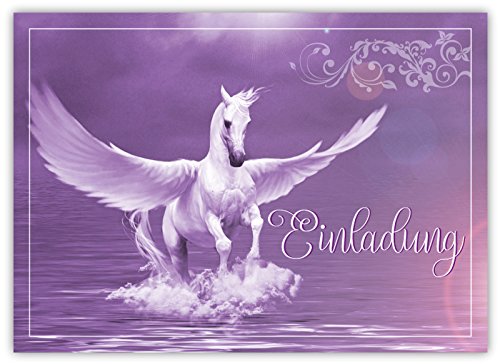 12 Lustige Einladungskarten im Set für Kindergeburtstag mit Pegasus Himmel Wolke Wiese Party für Mädchen Jungen Kinder Partyspiele Karten Rosa Pink witzig Einladung Geburtstag Schimmel Pferd Flügel - 3