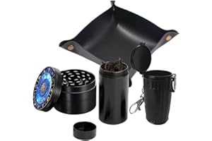 Herb Grinder Set, Spespo Spice Grinder Black Metal Zinc Alloy 4 Piece 2.0 inch(5cm) Constellation Pattern with Mini Ashtray and Sealed Jar and Leather Rolling Tray, Grinder Gift Set with Pouch