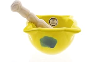 CR CERAMICA RAMBLEÑA CERÁMICA RAMBLEÑA | Mortero Cocina | Mortero Cerámica | Mortero con maza | Mortero Amarillo rústico - Modelo 03 | 100% Decorado a Mano | 14x14x8.5 cm