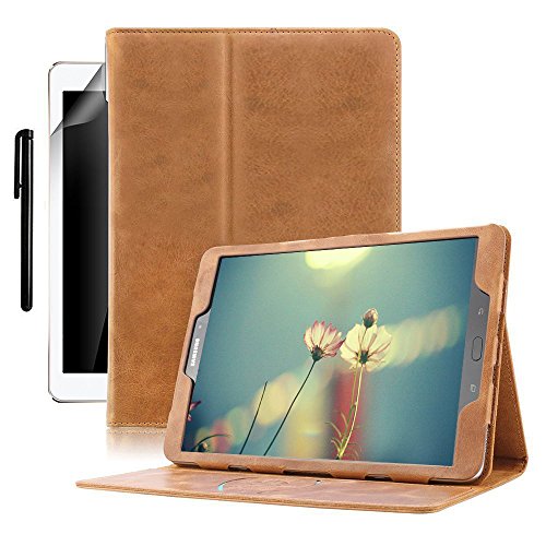 Samsung Galaxy Tab A 9.7 Hülle, Boriyuan Echt Leder Case Schutztasche aus echtem Leder mit Standfunktion, Auto Sleep Wake up und Fach für Kreditkarten, mit Displayschutzfolie + Stylus für das Samsung Galaxy tab a 9,7 Zoll - (Braun)