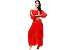 Grouptap Arabian womens belly dancer long sleeve indian Bollywood costume set outfit red/blue/yellow slit top pants ladies girls dancing