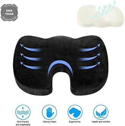 Memory Foam Seat Cushion Lumbar Support Orthopedic Contoured Design to Reduce Coccyx Sciatica Tailbone Pain,Improve Posture Ergonomic Chair Seat Pad for Indoor,Outdoor,Home,Offic(1 Yr Warranty)black