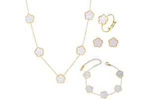 XFSRG Bijoux Femme Trèfle à Quatre Feuilles Porte-Bonheur, 18k Plaqué Ensemble Collier, Bracelet, Bague, Boucles d'Oreilles Parures Cadeau pour Anniversaire, Saint-Valentin