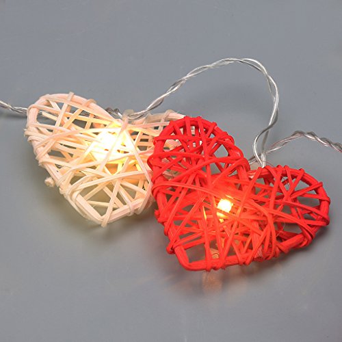 LED Herz Lichterkette 20er Partylichterkette Weihnachtslichterketten Deko für Innen Balkon Party Hochzeit Weihnachten batterie-betrieben Rattan Gewebe rot warmweiß 3.55m