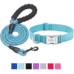 beebiepet Classic Dog Collar with Strong Metal Buckle Adjustable Dog Collars for Small Medium Large Dogs (Collar+Leash M Neck 14