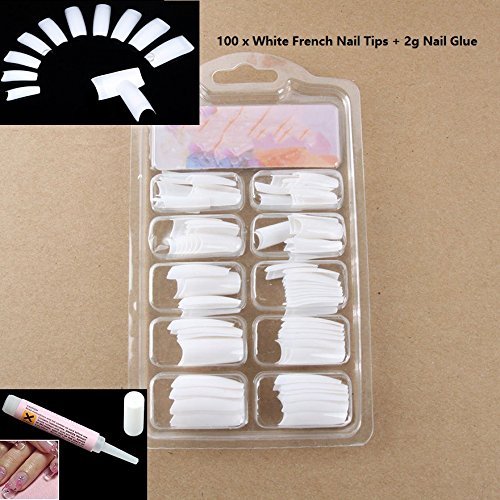 LyDia® Professional 10 Sizes 100pcs Package False/Fake French Nail Tips in most popular colours White/Clear/Natural for Nail Art Acrylic/UV Gel/French Nail/Nail Extension/Nail Decoration + Free 2g Nail Adhesive Glue (100pcs WhiteNailTips-1+Glue)