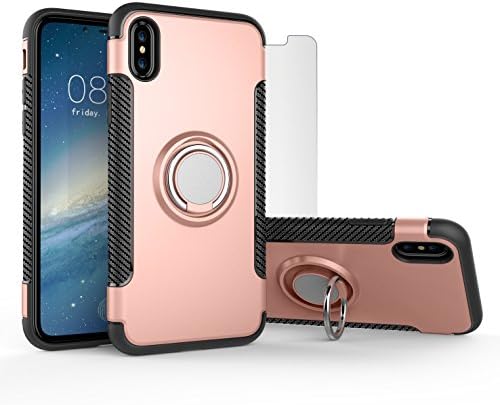 iPhone 10 / X - Protective Phone Case and Tempered Glass Screen Protector [Bundle] - Shock Absorption with Built-in 360 Degree Rotating Finger Ring Grip Holder and Stand - Magnetic Car Mount Compatible (2018 Q1) (Pink)