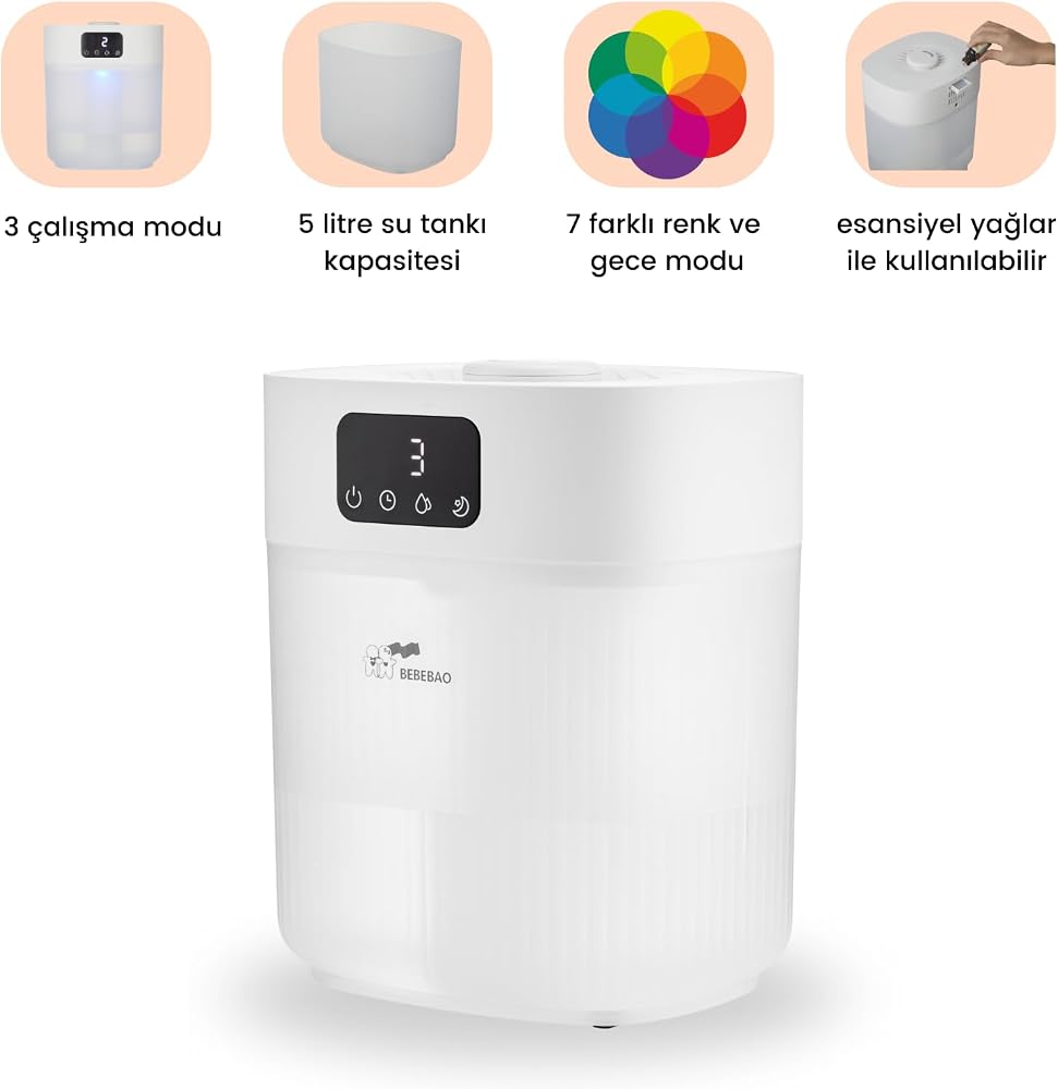 Bebebao Pufi 5lt Ultrasonik 7 Renkli Buhar Makinesi Hava Oda Ortam Nemlendirici Dokunmatik Panel Aromatik Yağ Hazneli