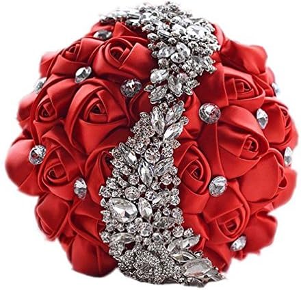 luxury wedding bouquet rhinestone crystal S brooch wedding bouquets holding flower with ribbon for bridal red