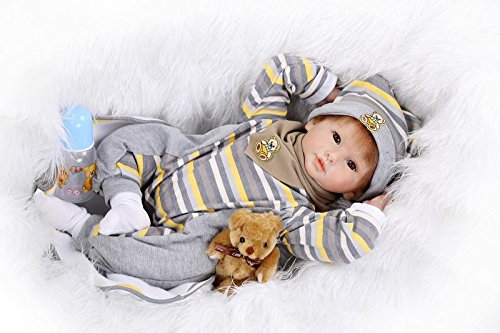 Nicery Reborn Baby Doll Soft Simulation Silicone Vinyl 22inch 55cm Magnetic Mouth Lifelike Boy Girl Toy Brown Bear
