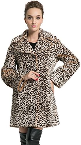 Ovonzo Women's New Style Middle Length Leopard Faux Fur Coat Brown Size XXL