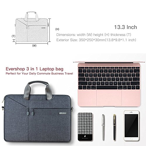 3 in1 Laptop Tasche, Evershop Handtasche Schultertasche Aktenkoffer für Macbook Air Pro / Notebook / Oberfläche(Grau, 13,3 Zoll) - 6