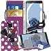 Produktbild iTALKonline Samsung Galaxy Note 4 SM-N910V Lila Weiß Tupfen PU Leder Exekutiv Multi Function Mappen Kasten Abdeckung Veranstalter Flip mit der Credit / Business Card Geld-Inhaber Integrated Horizontaler Betrachtungsstandplatz, 3 Schichten LCD Schutzfolie, Clip Klaue 360 Grad Fall Kompatibles KFZ Windschutzscheibe Halterung Halter und 1000 mAh Coiled KFZ Ladegerät LED Anzeige und Überlastschutz
