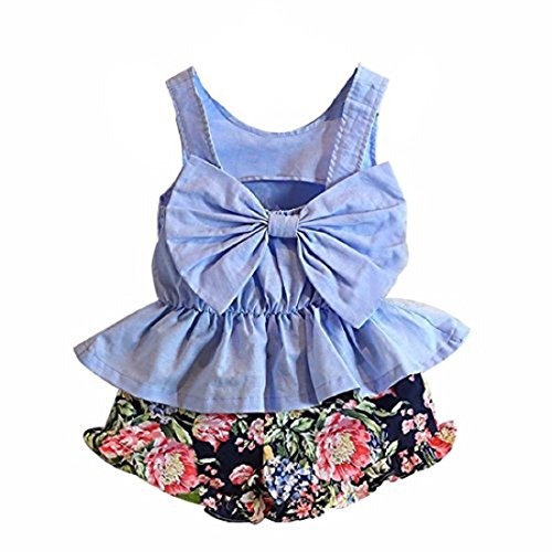 for 2-7 Years Old, Internet Kids Girls Big Bow Vest Shirt Top Floral Shorts Clothing Set (100/2-3Y, Blue)