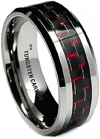 Tungsten 8MM Men's Red/Black Carbon Fiber Inaly Tungsten Carbide Wedding Engagement Band Ring R