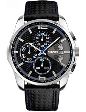 Qingmei Herren-Multifunktions Analog Quarz Leder Band Kalender Chronograph Wasserdicht Sport Armbanduhr