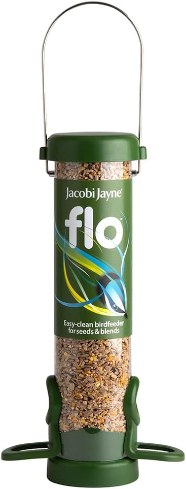 Jacobi Jayne® flo™ Bird Feeder - Bird feeders for small birds. Easy clean bird seed feeder. Won't clog or block. Flo™ hanging bird feeder for wild bird seed. 2 YEAR GUARANTEE. Classic green, small.