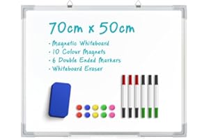 VIVO TECHNOLOGIES Magnetic Whiteboard 70 X 50 cm, Wall Hanging White Board with 10 Colour Magnets, 6 Double Ended Market Pens,Whiteboard Eraser, Drawing Memo Notice Board for Office, School