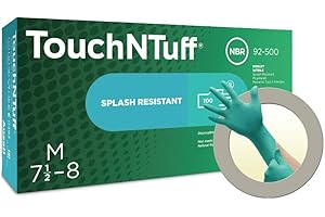 Guantes desechables de nitrilo en polvo Ansell TouchNTuff 92-500 con certificación alimentaria, alta resistencia química, protección mecánica, guantes de seguridad profesional, verdes, L (100 guantes)