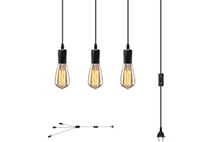 ‎JZCDR JZCDR Hängelampe mit Stecker und Schalter Schwarz Pendelleuchte 3-Flammig Lampenfassung mit Kabel 3m Hängeleuchte E27 Fassung 3 Köpfe Kurz Pendellampe Kit DIY für Schlafzimmer Küche