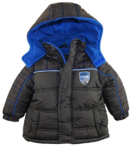 Ixtreme Baby Boys Infant Plaid Expedition Puffer Hooded Winter Jacket, Charcoal, 12 Months