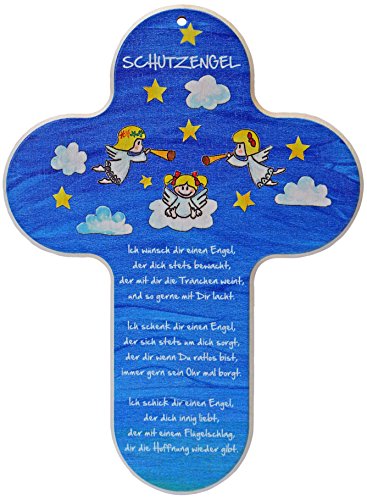 Kaltner Präsente Geschenkidee - Kinderkreuz für das Kinderzimmer SCHUTZENGEL ENGEL Echtholz Natur Buche mit Buntdruck (Höhe 20 cm)