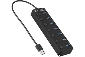 ASHATA Hub USB, 7-portowy hub USB 3.0 5 GB/S wysoka prędkość z przełącznikiem kluczowym adapter USB HUB do PC (czarny), 7-portowy hub wyposażony w 7 zestawach gniazd USB z funkcją hot plug