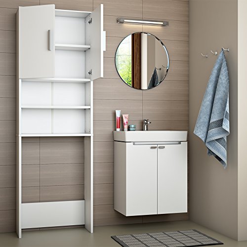 Waschmaschinenschrank Weiß 190 x 64 cm – Badregal Hochschrank Waschmaschine Bad Schrank Badezimmerschrank Überbau - 3