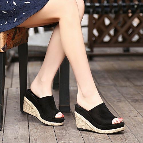 KPHY Summer Slope Heel Sandals Thick Bottom Slippers Outside Wear Straw Woven Fish Mouth 10Cm High Heel Waterproof Table Women'S Shoes.Thirty-Nine Black