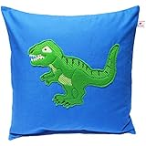 Kissenbezug Blau 40 X 40 cm "Tyrannosaurus Rex " Applikation Dino Grün Namensstick Kinderkissen Namenskissen Kissenhülle 100 % Baumwolle BW für Jungen