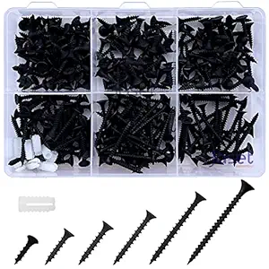 Jaset Innovations Drywall Gypsum Screw with Wood Dowel ? Hardened Carbon Steel ? Black ? Assorted 6 Small Sizes ? Pack of 308 Pieces