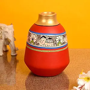 Aakriti Art Creations Hand-Painted Madhubani Terracotta Red Table Pot Vase for Home Decorative Item